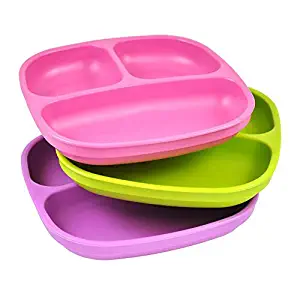 Re-Play 3pk Divided Plates with Deep Sides for Easy Baby, Toddler, Child Feeding - Bright Pink, Lime Green, Purple (Butterfly)