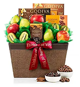 GiftTree Fresh Fruit & Godiva Thinking of You Gift Basket | Includes Gourmet Chocolates and Confections from Godiva | Fresh Pears, Crisp Apples, Premium Kiwis in a Keepsake Container