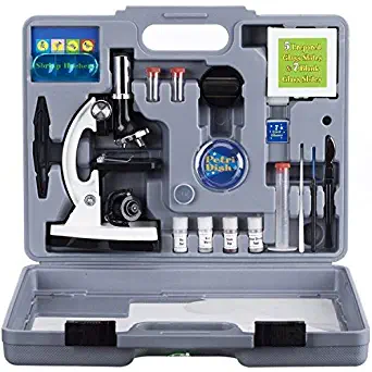 AmScope 120X-1200X 52-pcs Kids Beginner Microscope STEM Kit with Metal Body Microscope, Plastic Slides, LED Light and Carrying Box (M30-ABS-KT2-W)