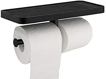 GZILA Double Toilet Paper Holder, Wall Mounted Roll Bathroom Mobile Phone Tissue Holder with Shelf Large Stuff Storage Rack, Non-Slip Matte Black