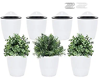 Pomeat Self Watering Hanging Planters, 7 Pack Lazy Flower Pot Wall Plant Holder for Succulents Plants Flowers Indoor Outdoor with 7 Hooks (White)