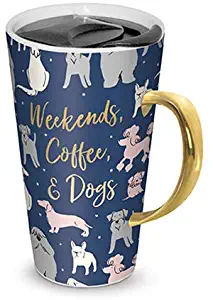 Lady Jane 13oz Spill Proof Ceramic Coffee Travel Mug with Lid Series (Weekends, Coffee, Dogs)