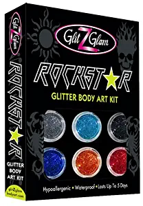 Glitter Tattoo Kit Rockstar - Hypoallergenic and Dermatologist Tested! - with 6 Large Glitters & 12 Stencils for Temporary Tattoos