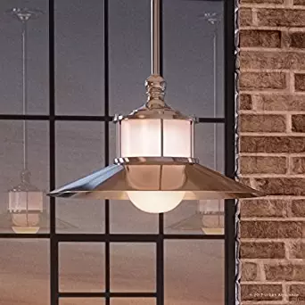 Luxury Nautical Indoor Hanging Pendant Light, Medium Size: 9"H x 14"W, with Coastal Style Elements, Hooded Design, Pretty Brushed Nickel Finish and Acid Etched Glass, UQL2532 by Urban Ambiance