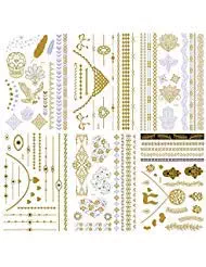 Temporary Metallic Henna Tattoo - 6 Sheet Jewelry Inspired Tattoo Sticker Kit for Summer/Wedding/Beach for Women & Girls Design in Gold and Silver(Henna)