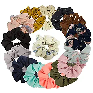 Ondder 15 Pack Women's Large Chiffon Flower Hair Scrunchies Hair Bow Chiffon Ponytail Holder, Including 8 Colors Chiffon Flower Hair Scrunchies and 7 Solid Colors Chiffon (15 Pack Chiffon Scrunchies)