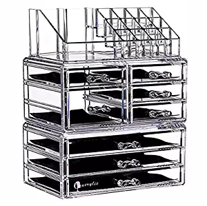 Cq acrylic Clear Acrylic 8 Drawers Cosmetic Makeup Storage Cube Organizer and Jewelry Storage Drawers Case Display,Great for Bathroom,Dresser,Vanity and Countertop,Set of 3