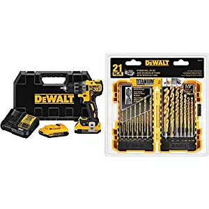 DEWALT 20V MAX XR Brushless Drill/Driver Kit with Tool Connect Bluetooth (DCD792D2) with DEWALT DW1361 Titanium Pilot Point Drill Bit Set, 21-Piece