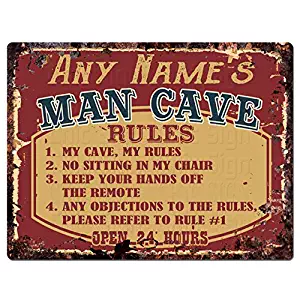 ANY NAME'S MAN CAVE RULES Custom Personalized Tin Chic Sign Rustic Vintage style Retro Kitchen Bar Pub Coffee Shop Decor 9"x 12" Metal Plate Sign Home Store man cave Decor Gift Ideas