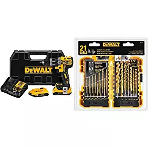 DEWALT DCD797D2 20V Max XR Tool Connect COMPACT Hammerdrill Kit with DEWALT DW1361 Titanium Pilot Point Drill Bit Set, 21-Piece