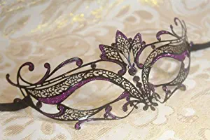 Black Majestic with Purple Glitter Princess Venetian Masquerade Mask with Pink Diamonds