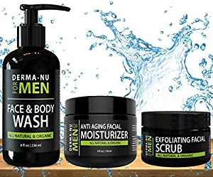 Mens Skin Care Set, Organic Skin Care for Men with Natural Face Wash, Body Wash, Exfoliating Face Scrub and Anti Aging Face Moisturizer, Our Mens Grooming Kit Refreshes Skin, Hydrates and Fights Acne