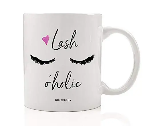 LASH O'HOLIC Coffee Mug Gift Idea Woman's Makeup Eyelash Lift Routine Salon Spa Owner Birthday Christmas Thank You Present for Female Family Friend Beautician 11oz Ceramic Tea Cup Digibuddha DM0560