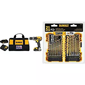 DEWALT DCD785C2 20V MAX Lithium Ion Compact 1.5 Ah Hammer Drill/Driver Kit with DEWALT DW1361 Titanium Pilot Point Drill Bit Set, 21-Piece