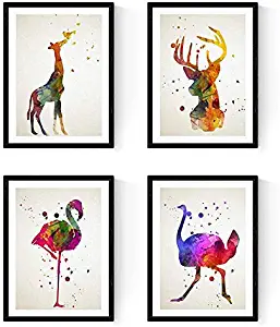 Nacnic Prints Flamingo, Ostrich, Deer & Girrafe - Set of 4-250g Paper - Beautiful Poster Painting for Home Office Living Room