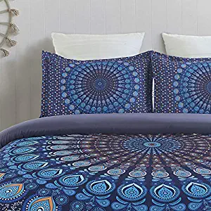 Vaulia Soft Microfiber Duvet Cover Set, Mandala Designs Navy Blue Color, Queen Size 3-Piece Set