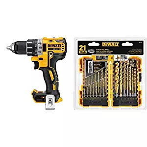 DEWALT 20V MAX XR Brushless Drill/Driver, Compact - Bare Tool (DCD791B) with DEWALT DW1361 Titanium Pilot Point Drill Bit Set, 21-Piece