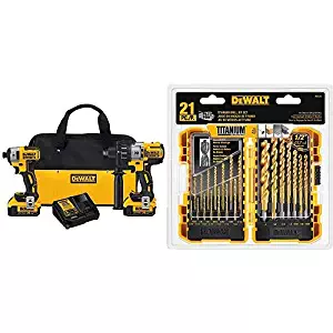 DEWALT 20V MAX XR Brushless Impact Driver and Hammer Drill Combo Kit, Premium 4.0Ah (DCK299M2) with DEWALT DW1361 Titanium Pilot Point Drill Bit Set, 21-Piece