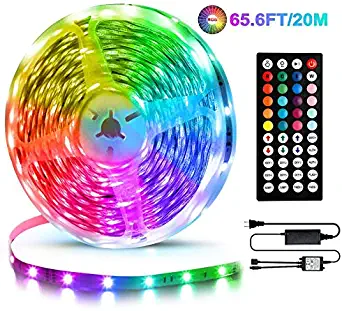 65.6ft/20M LED Strip Lights Kit,5050 RGB 600D Flexible Non-Waterproof Tape Lights with 24V Power Supply 44Key IR Remote Controller for Home Ceiling Lighting Kitchen BarIndoors,Living Room