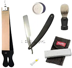 Black Straight Razor Double Strop Paste Stone Shaving Set 6 Pcs