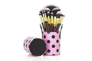 12 Make up Brushes Cup Sets - 2-Colour polka dot pink Synthetic Hair, Gold Aluminium Ferrule, Natural Wood Handle, Leather Cup by DELIAWINTERFEL