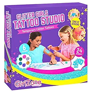 GirlZone: Temporary Glitter Tattoos Kit Including 33 Pieces, Best Birthday Present Idea for Girls Age 6 7 8 9+ Years Old