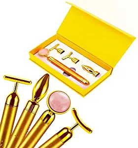 4-IN-1 Beauty Bar 24k Golden Pulse Face Massager, Electric Jade Roller Facial Massager Rose Quartz, Beauty Natural Round Pink Jade, T Shape Energy Facial Roller and T shape face slimming bar, 3D Eye R