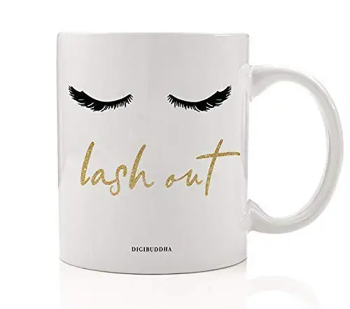 LASH OUT Coffee Mug Golden Glitter Sexy Eyelashes Gift Idea for Makeup Artist Cosmetic Consultant Woman Friend Family Coworker Birthday Christmas All Occasion 11oz Ceramic Tea Cup Digibuddha DM0554