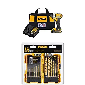 DEWALT DCF885C1 20V Max 1/4" Impact Driver Kit and DW1354 14-Piece Titanium Drill Bit Set