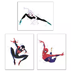 Watercolor Spiderman Into The Spiderverse Poster Prints - Set of 3 (8x10) Comic Movie Multiverse Marvel Wall Art Decor - Miles Morales - Peter Parker - Gwen Stacy Spider-Gwen