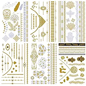 Temporary Metallic Henna Tattoo - 6 Sheet Jewelry Inspired Tattoo Sticker Kit for Women & Girls Design, Christmas Fun Gift Choice, in Gold and Silver(Henna)