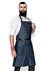 Under NY Sky No-Tie Midtown Blue Apron - Durable Denim, Leather Reinforcement and Split-Leg - Adjustable for Men, Women - Pro Chef, Barista, Bartender, Baker, Stylist, Tattoo, Artist, Server Aprons