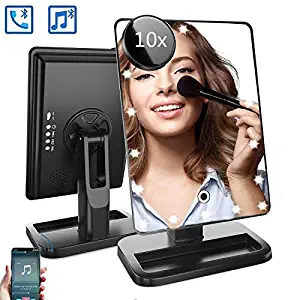 Makeup Mirror with Lights and Bluetooth,Vanity Mirror with 20 LED, Adjustable Brightness, Detachable 10x Magnification,Girl Lighted Up Cosmetic Mirror, Rechargeable (Black)