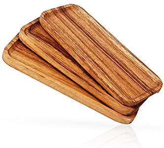 11.8-inch Solid Wood Serving Platters and Trays - Set of 3 highly durable dishwasher safe rectangular party plates - Avoid sliding & spilling food with easy-carry grooved handle design