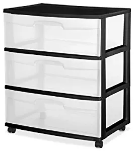 Sterilite 29309001 Wide 3 Drawer Cart, Black Frame with Clear Drawers and Black Casters, 2-Pack