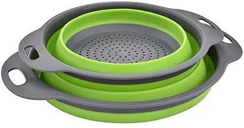 Enkousa Green Collapsible Colander 2 Sets, Kitchen Foldable Silicone Strainer, Environmentally Friendly Non-Toxic Easy to Clean, 2 Sizes Including 8 9.5-Inch