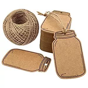 2.9" X 1.7" Vintage Style Mason Jar Shaped Tags,100PCS Brown Kraft Paper Gift Tags with 100 Feet Natural Jute Twine for DIY and Craft, Canning Jars and Party Favors