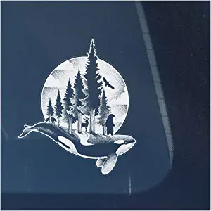 Bear, Wolf, Deer and Orca Whale in Northwest Mountains with Trees Clear Vinyl Decal Sticker for Window, Moon and Clouds Sign Art Print Design
