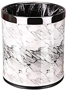 HuaQingLian Luxury Metal Round Shape Trash Can with Faux Leather Cover Home Office Wastebasket Double Cans Without Lid Waste Bin Garbage Bin (Marble White Ink)