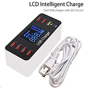 Multi USB 8-Port Smart Fast Desktop Hub Wall Charger Charging Station Quick Charge 3.0 USB Type C Port With LED Display Compatible with Apple Samsung Android Smart Phone, Tablet, Nintendo Switch Games