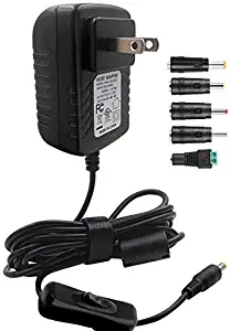 HY1C 100-240V to DC 12V 2A AC Adapter Charger, 24W Switching Power Supply Transformer with Switch (On/Off) for LED Strip Lights, Yamaha Piano Keyboard, Router, Camera and More, with 5 PCS DC Plug.