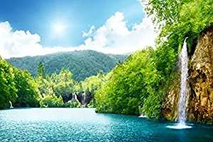 Waterfall sea lake deep forest trees sky clouds landscape nature beautiful sunlight (P-001290) - Nature Poster Canvas Art Print (36x24inch)