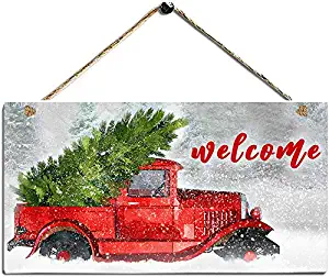 Red Truck and Christmas Tree - Front Door Decor Wall Hanging Wood Plaque Christmas Decorations for Home - Winter Decorative Wall Wood Signs 5.5X11.4in