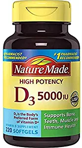 Nature Made Vitamin D3 5000 IU Ultra Strength Softgels Value Size 220 Ct