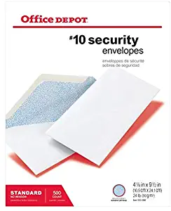 Office Depot Security Envelopes, 10 (4 1/8in. x 9 1/2in.), White, Box of 500, 12012