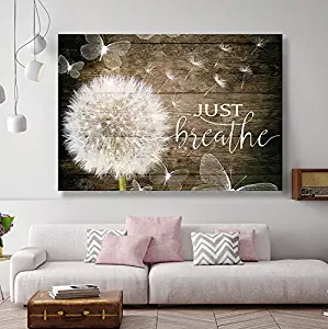 White Dandelion and Butterflies Just Breathe Quotes Poster Brown Canvas Paintings Beautiful Decorative Home Decor Pictures Wooden Framed Modern Artwork Prints for Living Room Bedroom Nursery 28"x40"