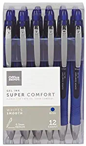 Office Depot Super Comfort Grip Retractable Gel Pens, Medium Point, 0.7 mm, Blue Barrel, Blue Ink, Pack Of 12