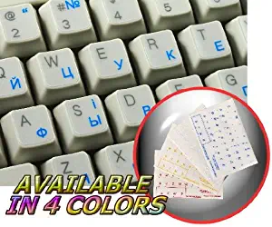 Ukrainian Russian Cyrillic Keyboard Stickers with Blue Lettering ON Transparent Background for Desktop, Laptop and Notebook