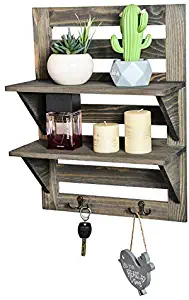 Liry Products Rustic Wooden Wall Mounted Shelves Iron Hooks Two-Tier Storage Rack Stone Gray Torched Distressed Wood Display Shelf Organizer Farmhouse Decorative Holder Home Office Kitchen Living Room