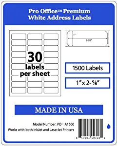 Pro Office Premium 1500 Self Adhesive Address Labels for Laser Printers and Ink Jet Printers White Made in USA 1 x 2.62 Inches Pack of 1500 Same Size As08160 and More